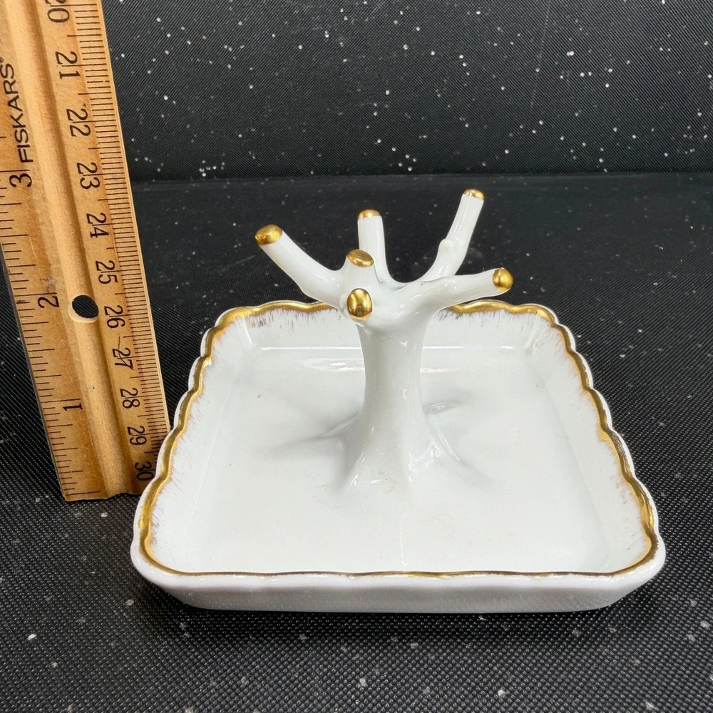 Limoges France Chamart Exclusive Porcelain Ring Holder Tree Gold Gilt White Tray